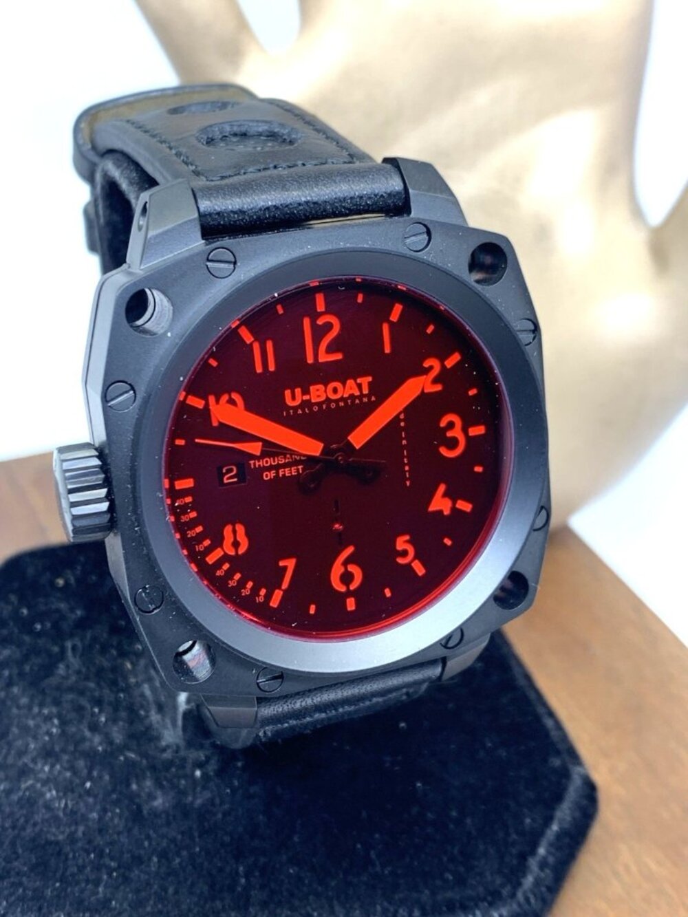 U-Boat Men's Watch 1846 Lefty Swiss Automatic Black Red Face Leather Strap 43mm - Picture 12 of 13